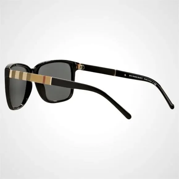 New Burberry Sunglasses Black Solid Square Frame Brown Check Arms 58mm